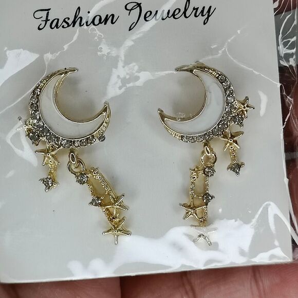 Cubic Zirconia Faux Gold Moon Celestial Dangle Stud Earrings - Picture 4 of 5